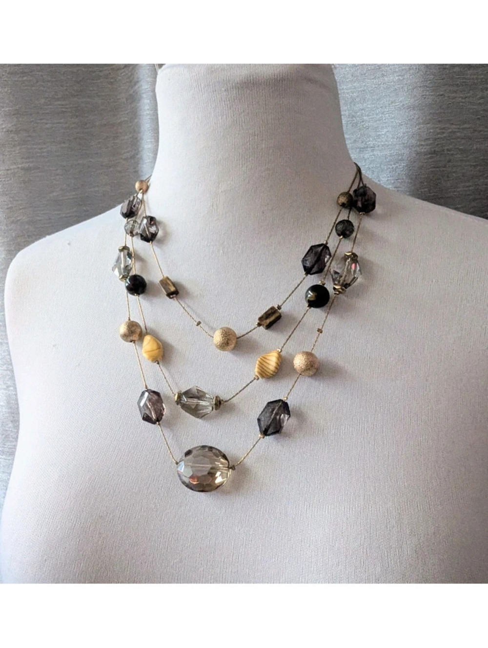 Gold Crystal Bead Floating Triple Strand Necklace